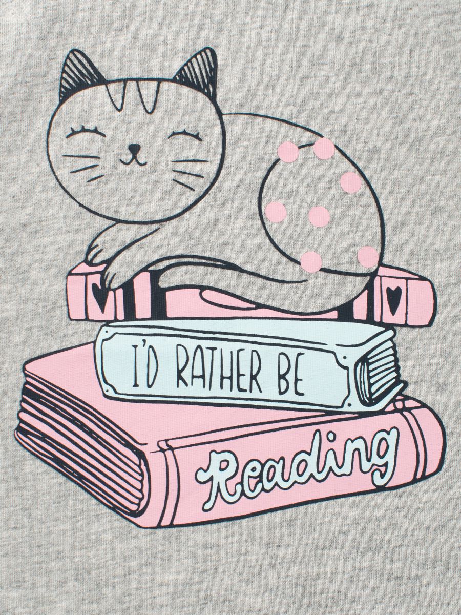 純棉圓領薄長袖上衣-貓貓與書-灰色