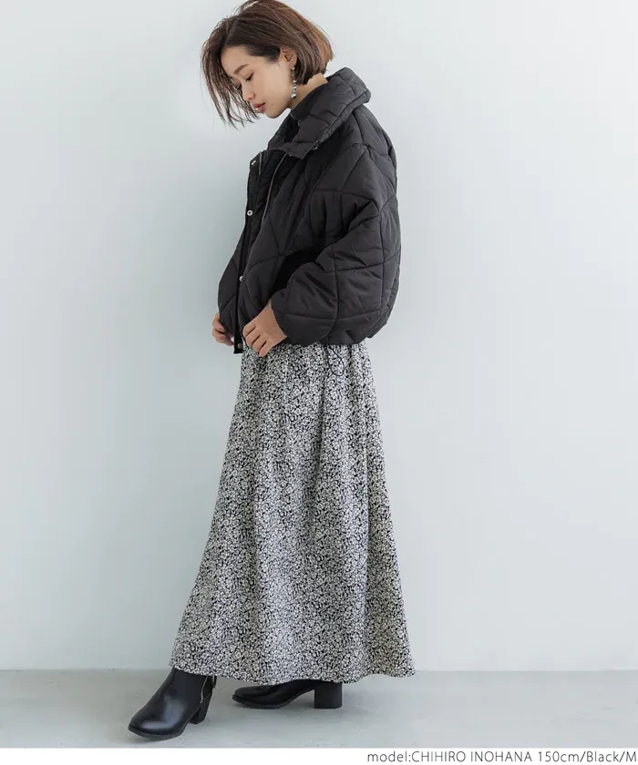 日本 COCA - 菱紋衍縫翻領鋪棉短版外套-氣質米