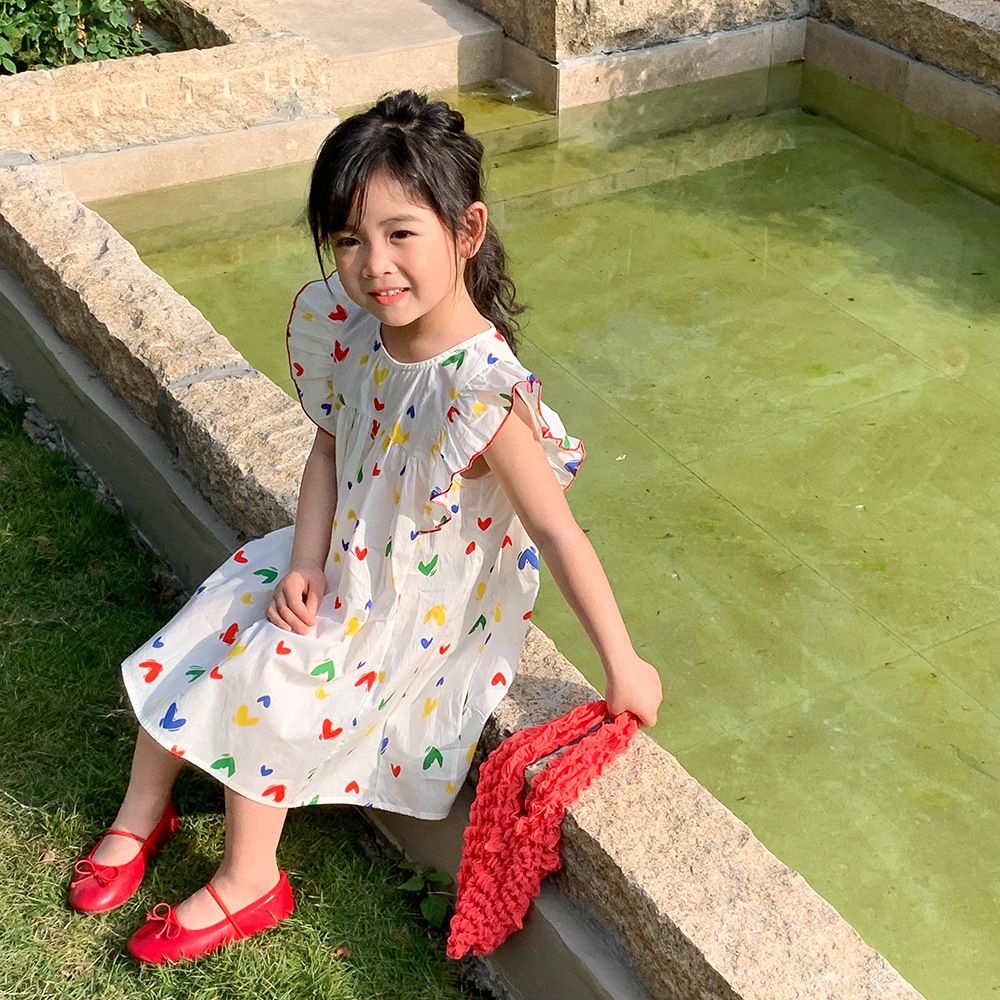 浪漫荷葉袖棉質連身洋裝-繽紛愛心-白色