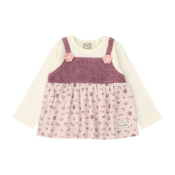 日本 ZOOLAND - 清新紋理假二件長袖上衣-撞色花朵-象牙x玫粉