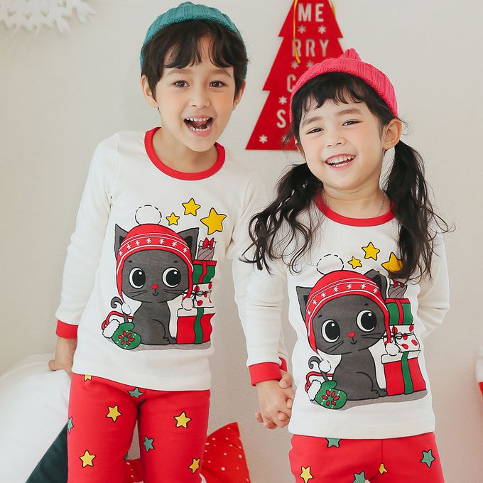 正韓 Puco - 超優質嬰幼兒/兒童長袖100% 有機純棉家居服/睡衣-聖誕貓貓