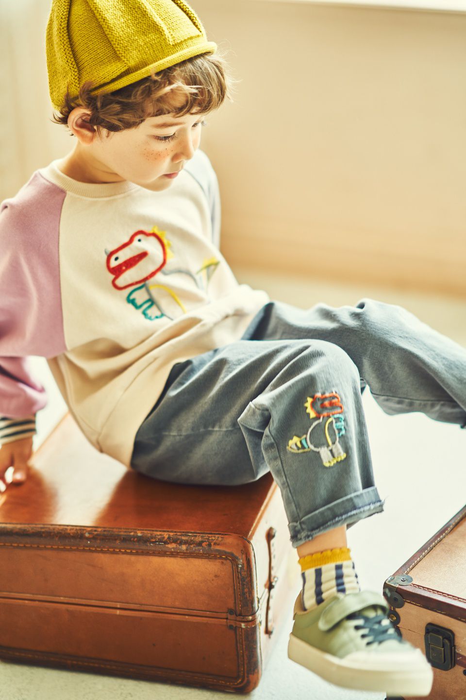 韓國 Mimico - 刺繡胖胖恐龍鬆緊褲頭長褲