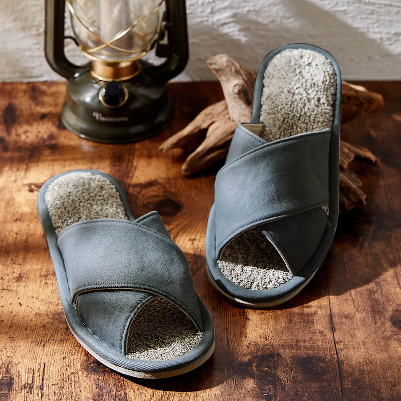 日本千趣會 - 棉麻透氣舒適小絨毛室內拖鞋-墨綠 (23-25cm)