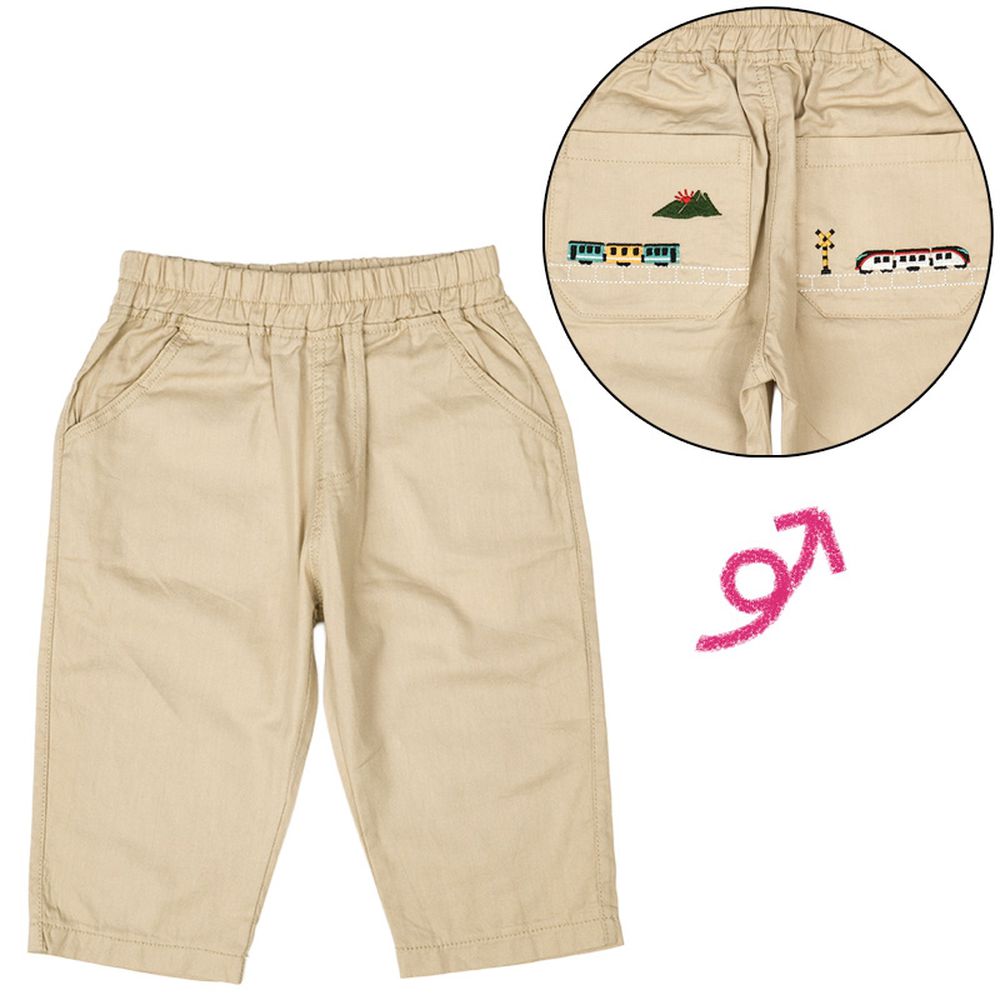 7分褲-口袋刺繡-淺卡其色