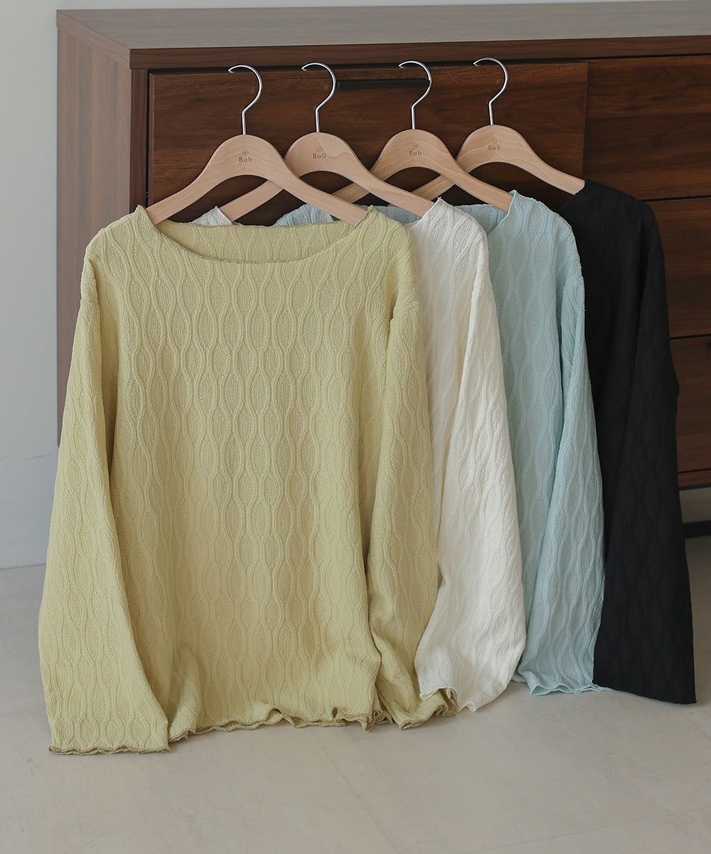 日本 Bab - 質感波紋薄長袖上衣-黑