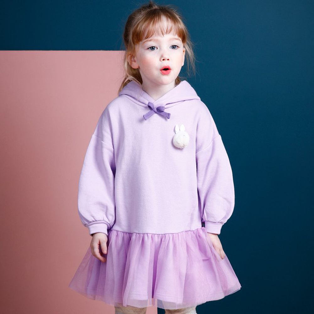 韓國 Jelispoon - (裏起毛)小兔子網紗拼接洋裝-紫