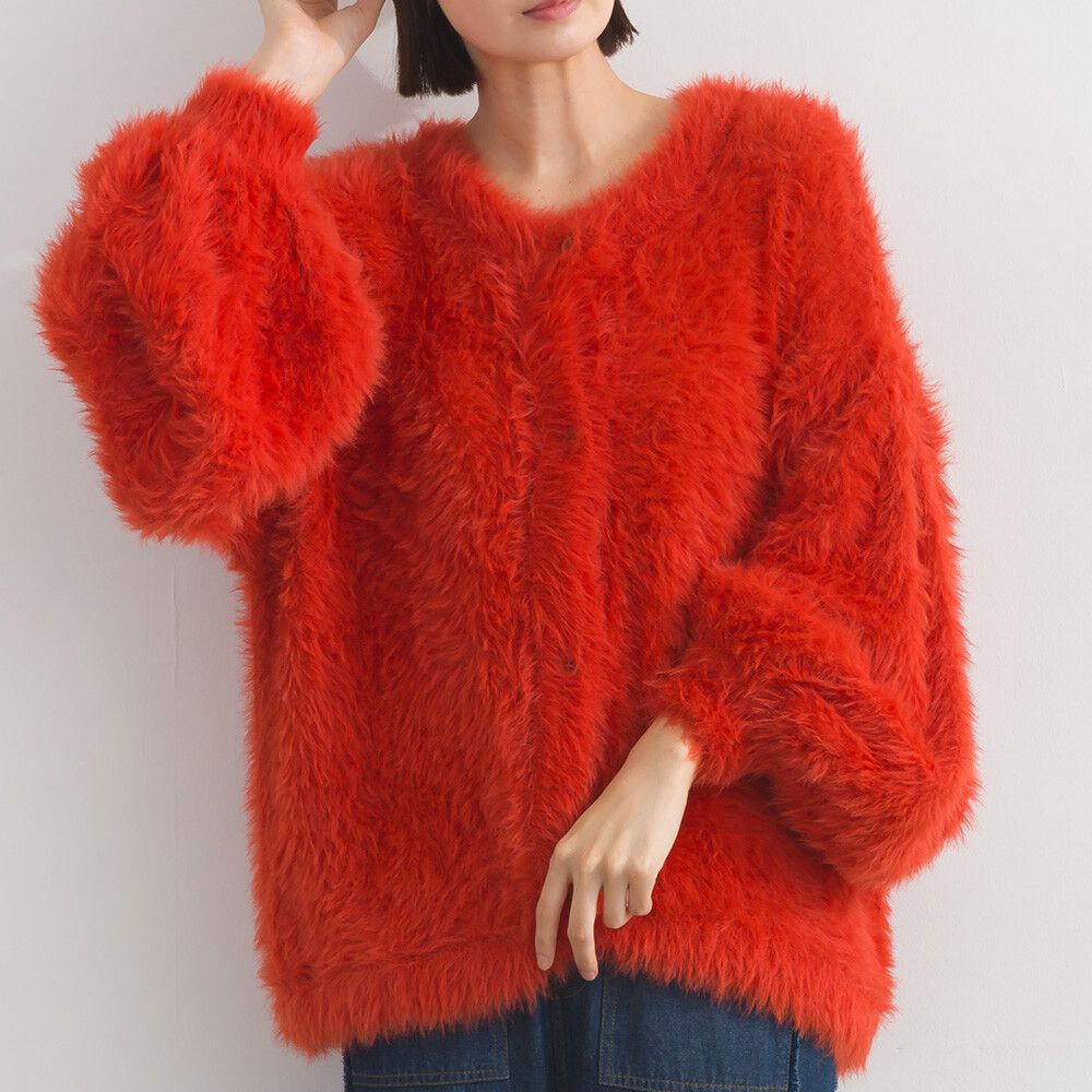 柔和蓬鬆毛海繭型針織開襟衫/外套-橘紅