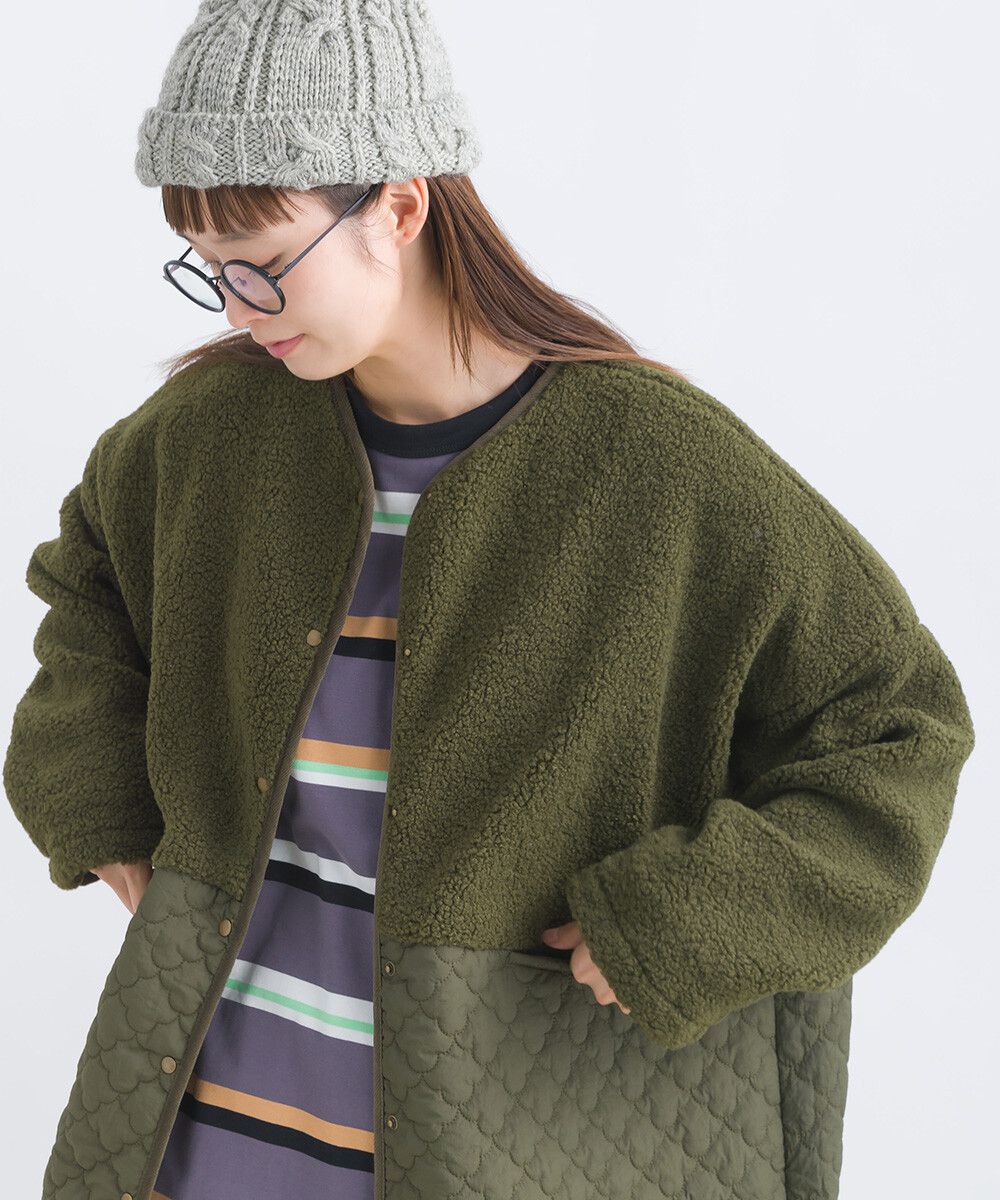 日本女裝代購 - 毛茸雲朵絎縫拼接長版鋪棉外套-軍綠