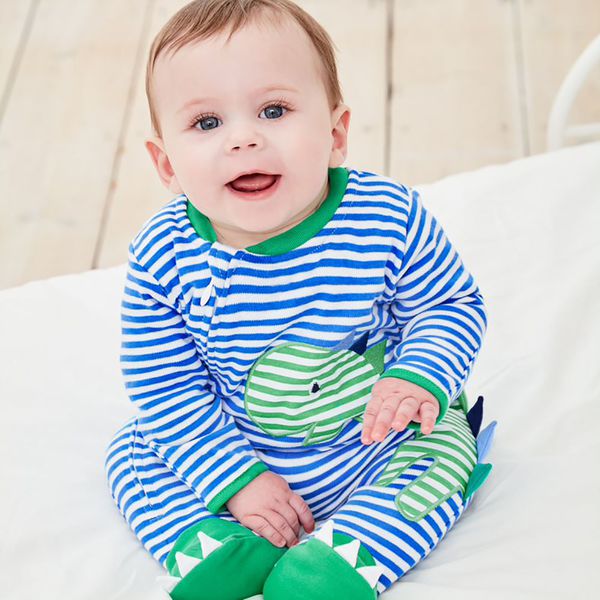 英國 JoJo Maman BeBe - 嬰幼兒長袖純棉包腳連身衣-藍綠恐龍