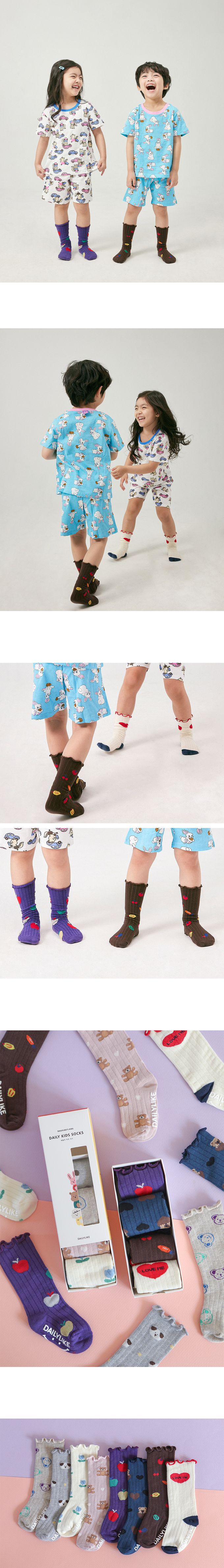 韓國 Daily Like - 兒童襪子/長筒襪4入組-藍花熊熊02
