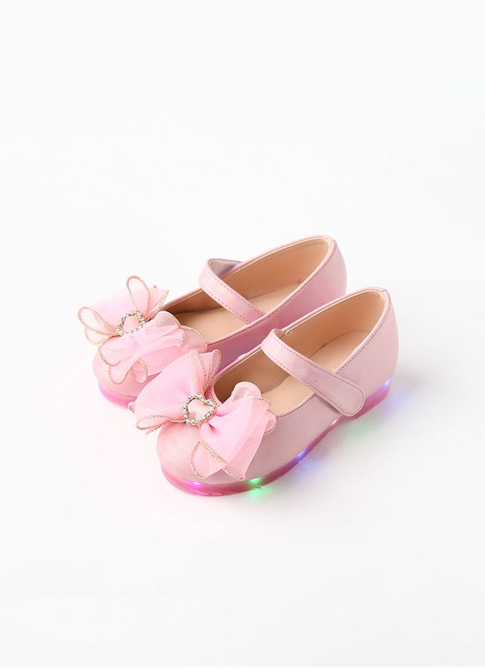 韓國 OZKIZ - (LED)蝴蝶結緞帶炫彩皮鞋-粉