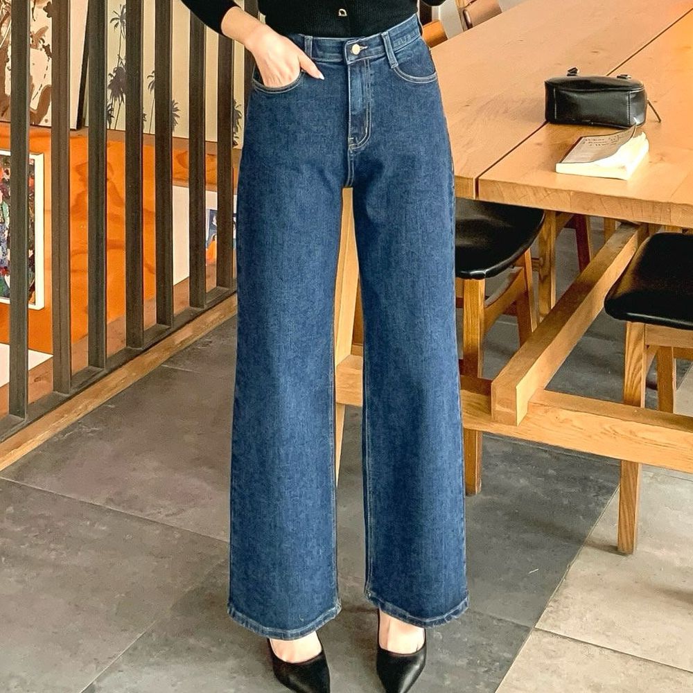 EDITION 彈性腰彈力寬鬆直腿丹寧褲-深藍