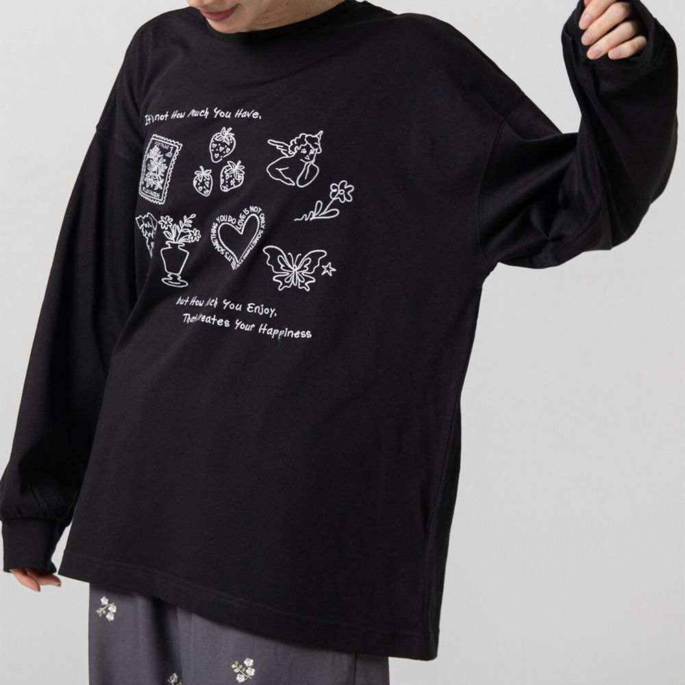 甜蜜刺繡印花休閒寬版長袖T恤-黑