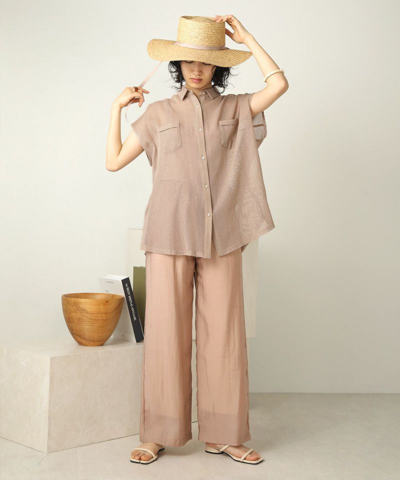 日本 Bou Jeloud - 透膚落肩短袖襯衫-摩卡