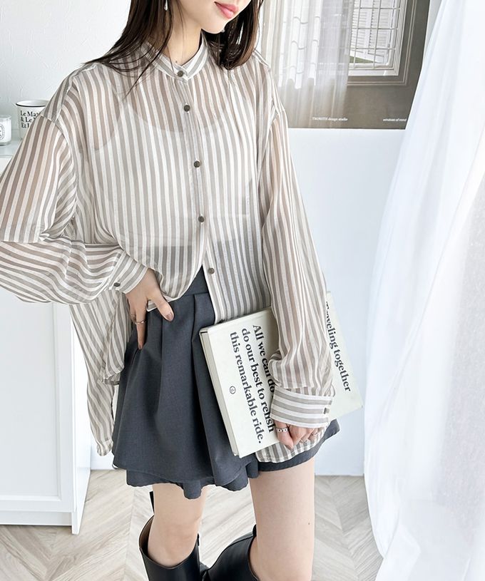 日本 Classical Elf - 透膚優雅休閒條紋寬版襯衫-黑米系
