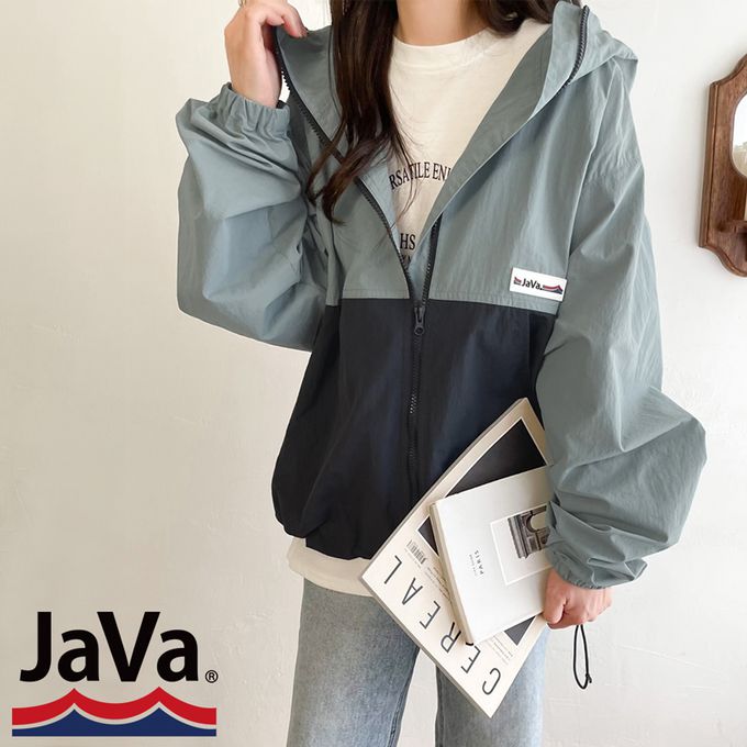 日本 Classical Elf - Java 撞色抽繩防風尼龍外套-米杏x焦糖橘