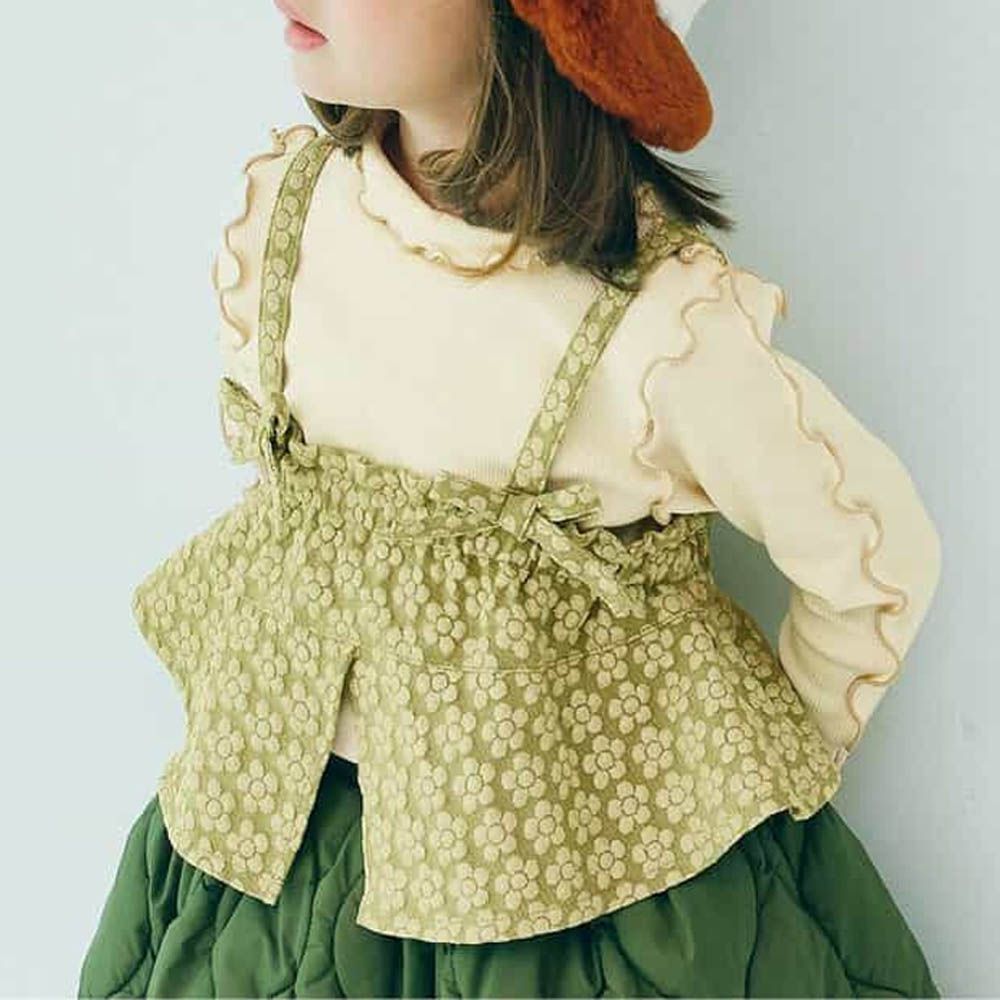 兩件式木耳領吊帶背心長袖上衣-米杏X綠