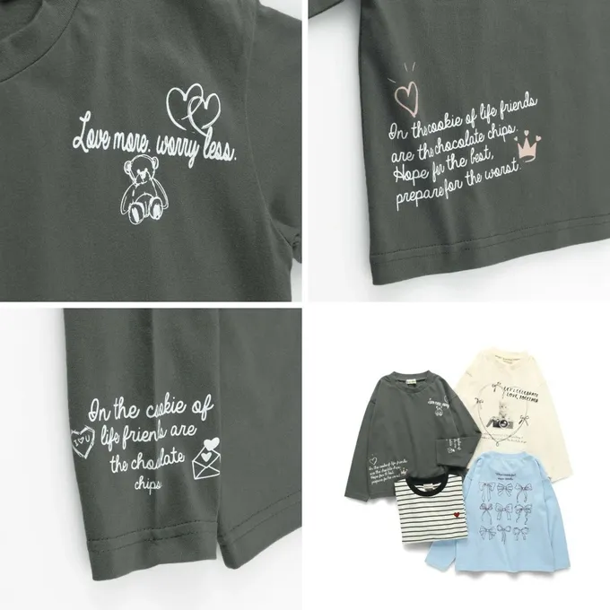 日本 BRANSHES - 100%棉 可愛女孩印花長袖上衣-愛心條紋-黑X白