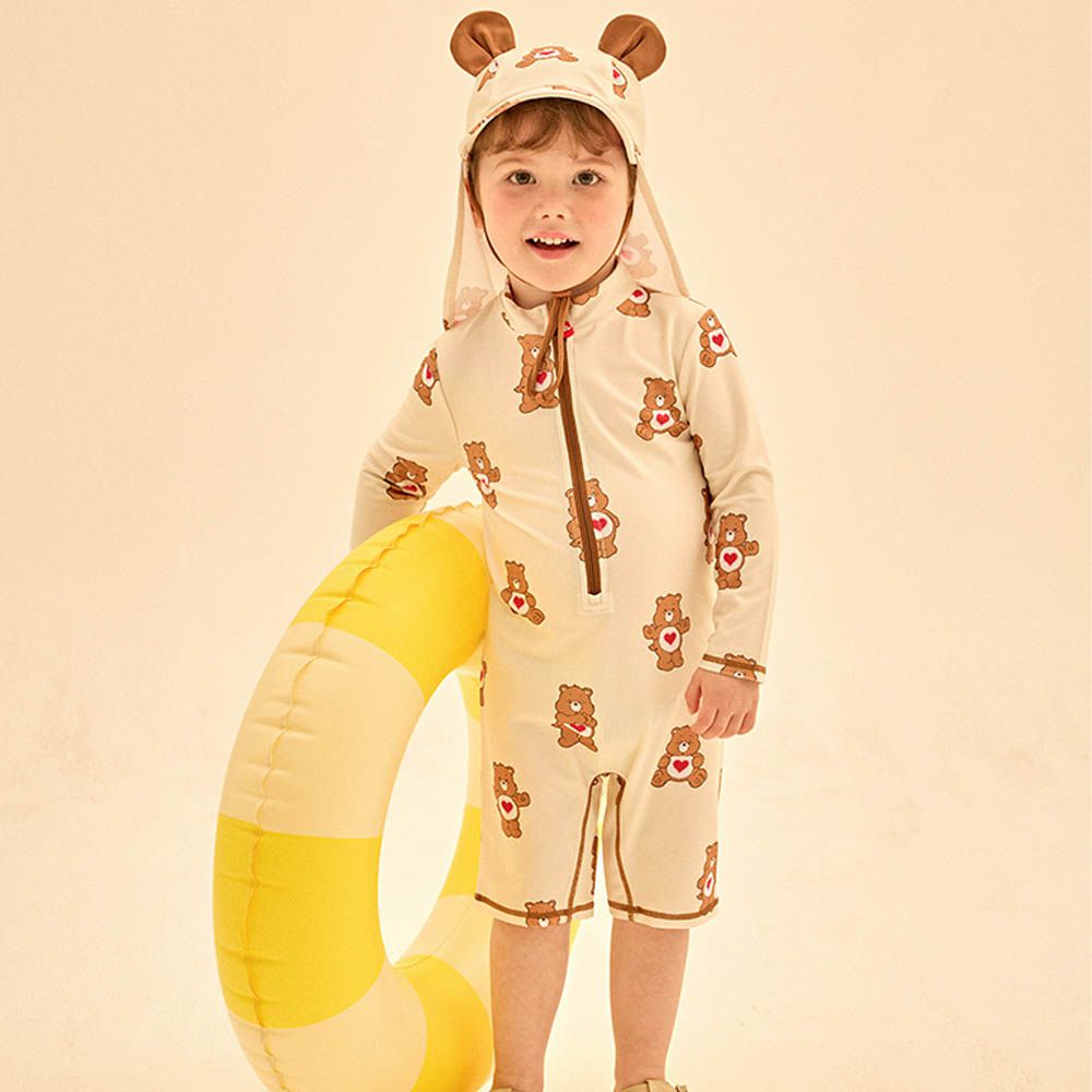 UPF 50+連身式長袖短褲泳裝(附遮脖泳帽)-卡通人物彩虹熊-象牙白