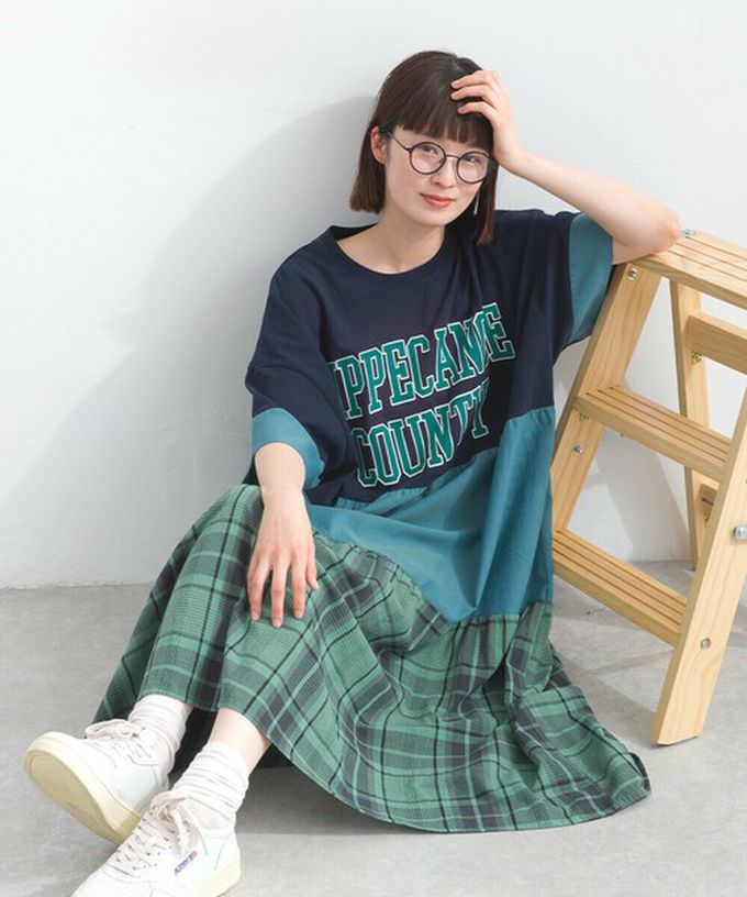 日本 Lupilien - 復古學院風 撞色格子拼接短袖洋裝-藍綠