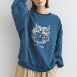 日本 Lupilien - 線條貓咪印花裏毛長袖上衣-藍