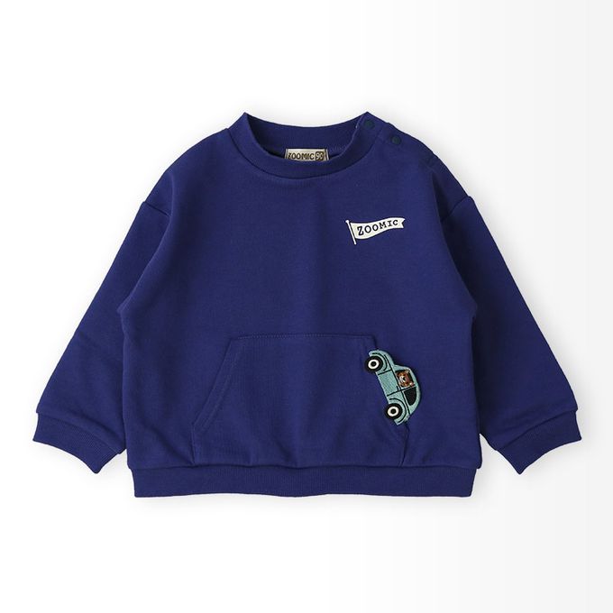 日本 ZOOLAND - 春季出遊印花裏毛長袖上衣-刺繡前口袋-海軍藍