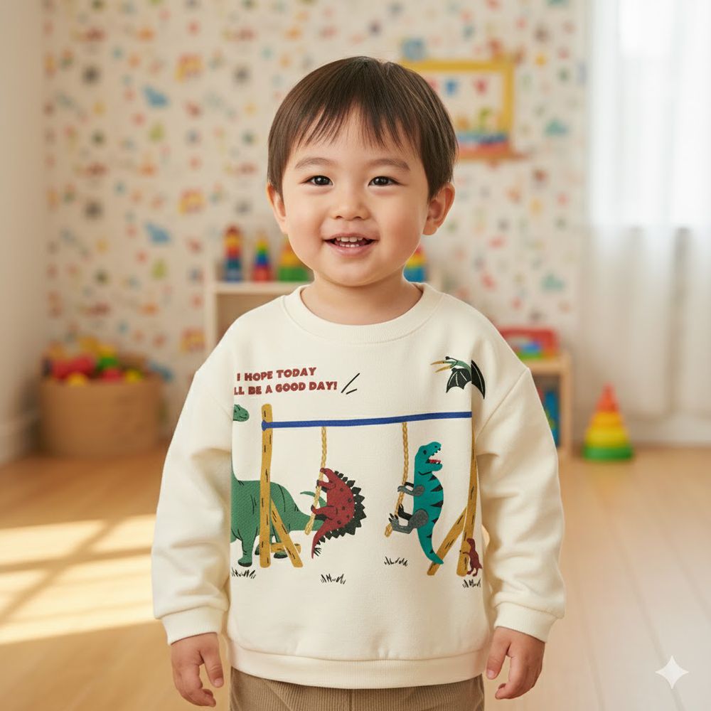 長袖休閒上衣--趣味圖案-象牙白色