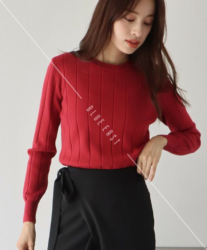 日本 BLUE EAST - 圓領粗坑條長袖針織上衣-酒紅