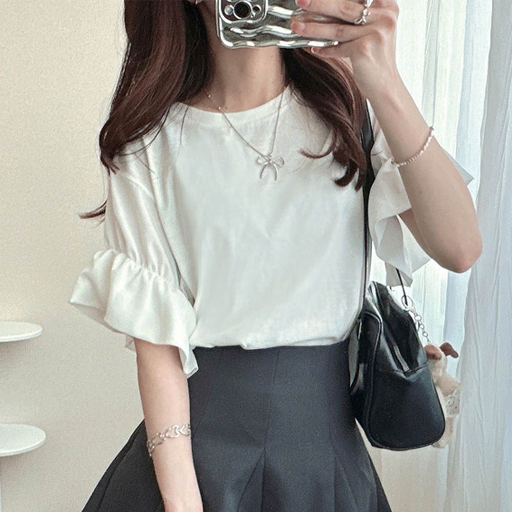 定番款修飾荷葉袖上衣-象牙白 (F)
