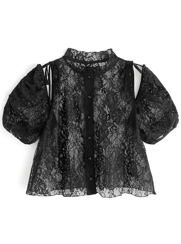 日本 GRL - 花朵蕾絲領綁帶短袖上衣-黑 (F)