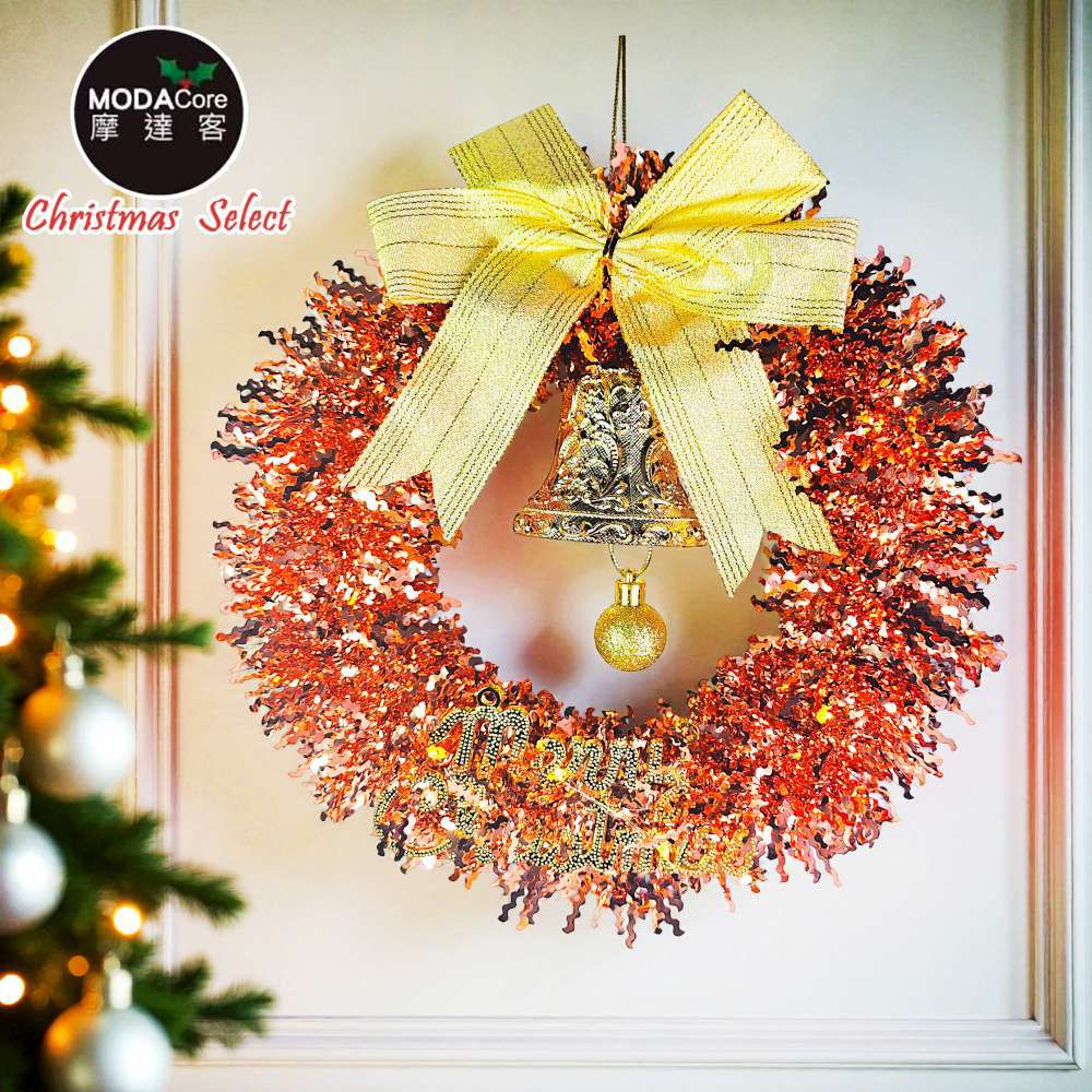 11吋優雅香檳玫金系金蔥彎絲聖誕花圈_台灣工藝免組裝_本島免運費