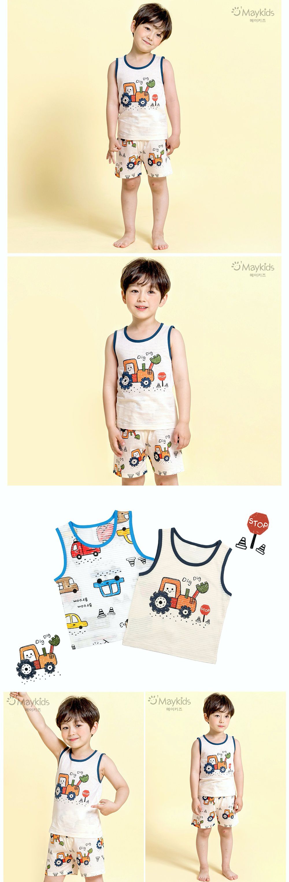 韓國 Maykids - 有機棉緹花無袖家居服-插畫挖土機