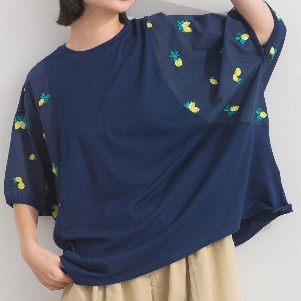 可愛刺繡圓領泡泡短袖上衣-檸檬-海軍藍