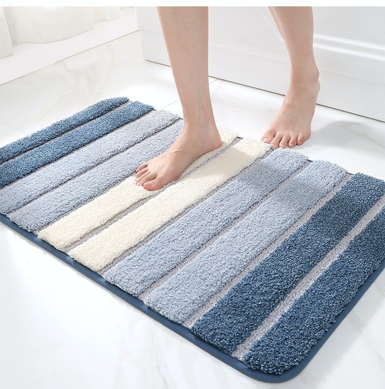 快速吸水植絨浴室腳踏墊-簡約條紋-藍色