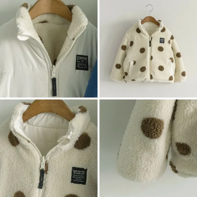 日本 BRANSHES - 2way雙面異材質保暖鋪棉外套(可機洗)-圓點-象牙白