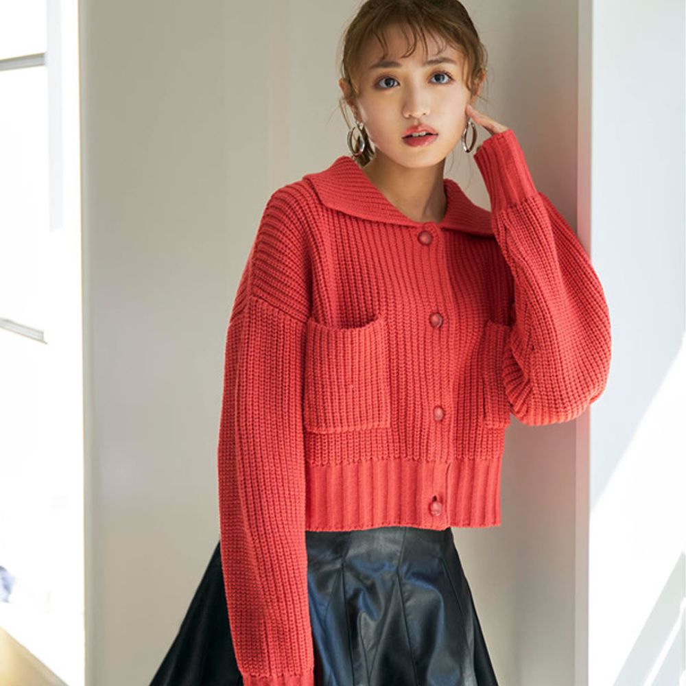 日本 GRL - 復古大翻領雙口袋短版針織毛衣/外套-紅