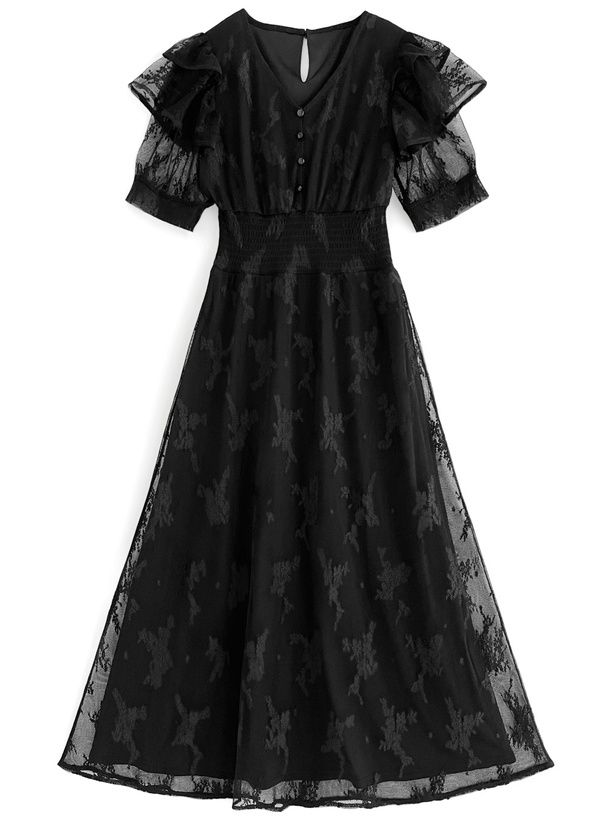 日本 GRL - 浪漫花刺繡薄紗短袖洋裝-星塵藍