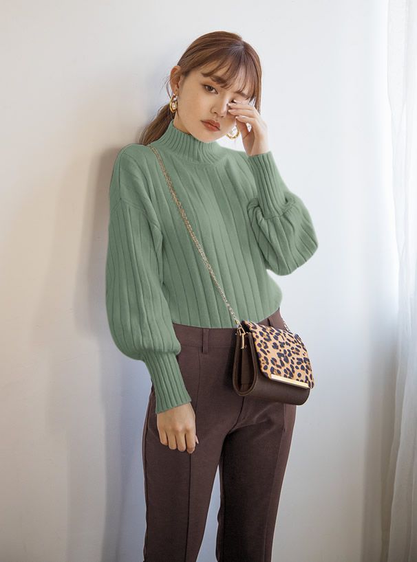 日本 GRL - 坑條紋澎袖小高領針織毛衣-灰粉