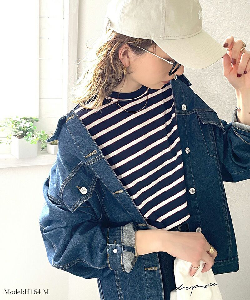 日本 Classical Elf - 圓領橫條紋落肩短袖上衣-淺卡其