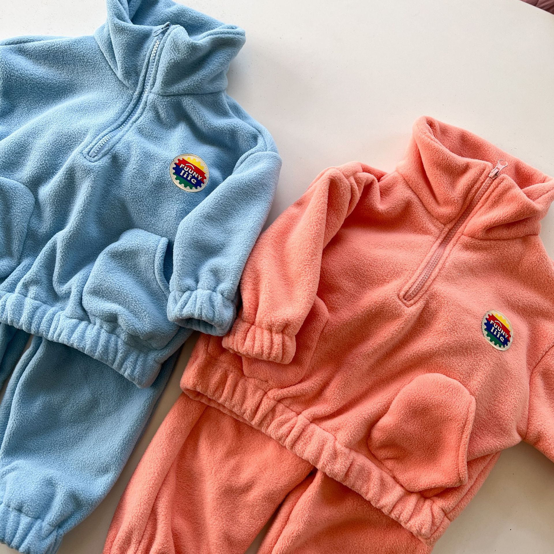 搖粒絨拉鍊休閒套裝-粉橘色