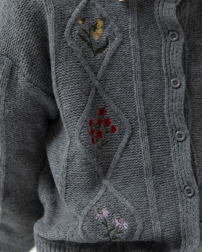 日本 gleam - 文藝風小花刺繡立體針織開襟衫-白