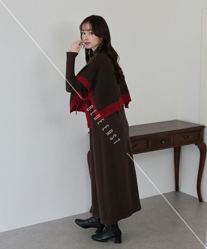 日本 BLUE EAST - [經典款]氣質針織斗篷綁帶長袖洋裝2件組-深摩卡x黑