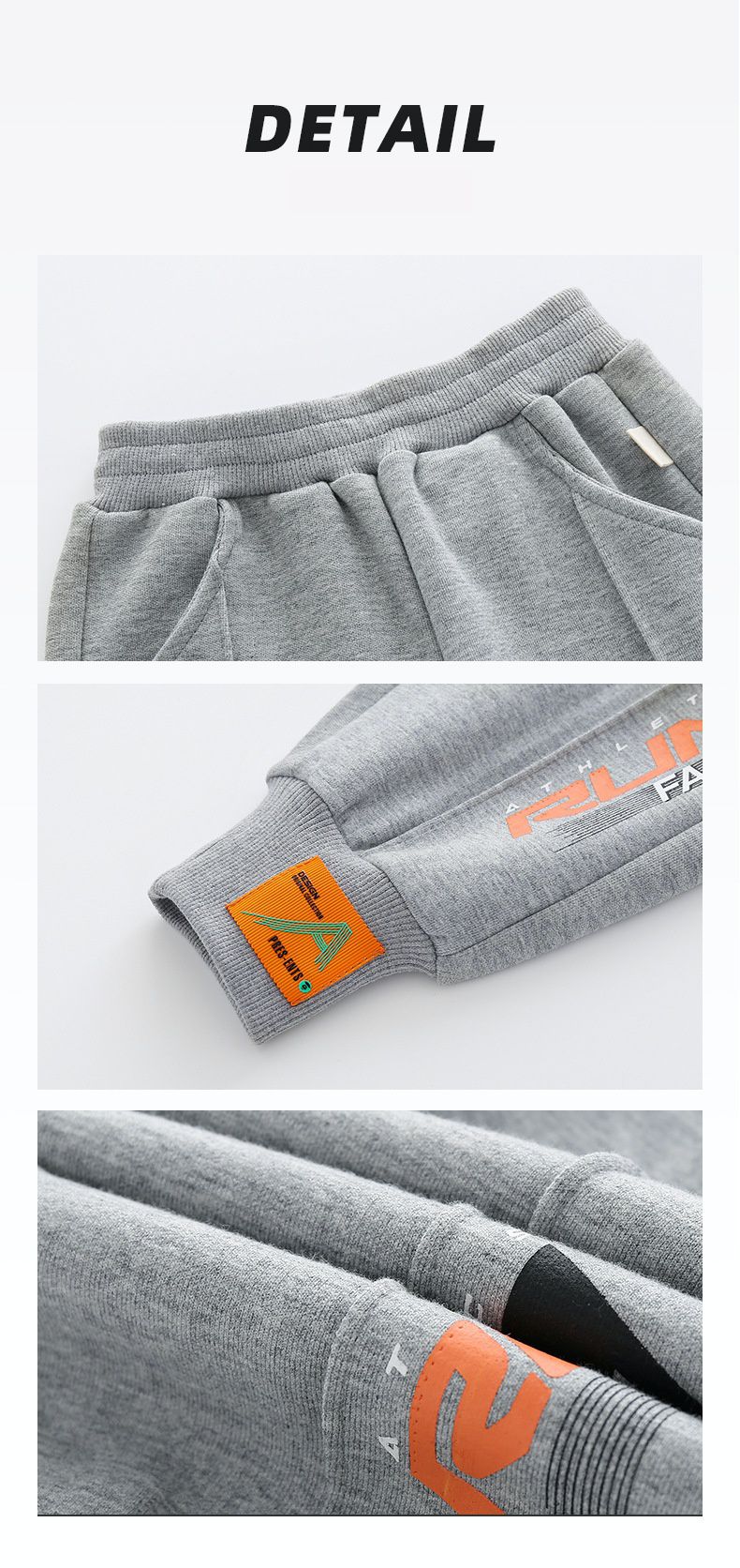 運動風棉質腰鬆緊加寬束口休閒長褲-RUN FASTER-淺灰色