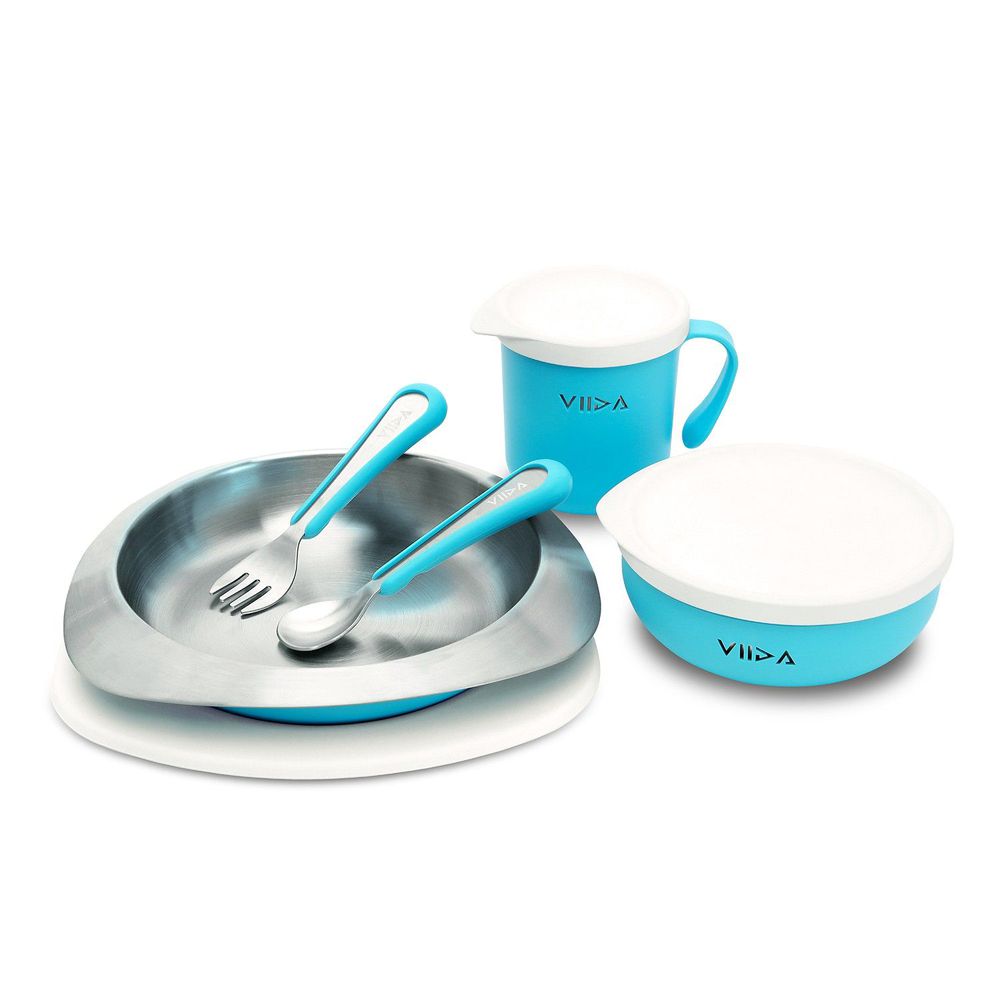 VIIDA - Soufflé抗菌不鏽鋼兒童餐具組-碗、盤、杯、叉子、湯匙-藍