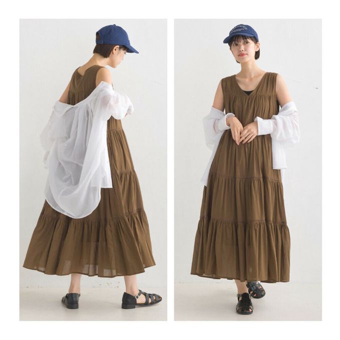 日本 OMNES - 100%印度棉 巴里紗分層V領無袖洋裝-咖啡