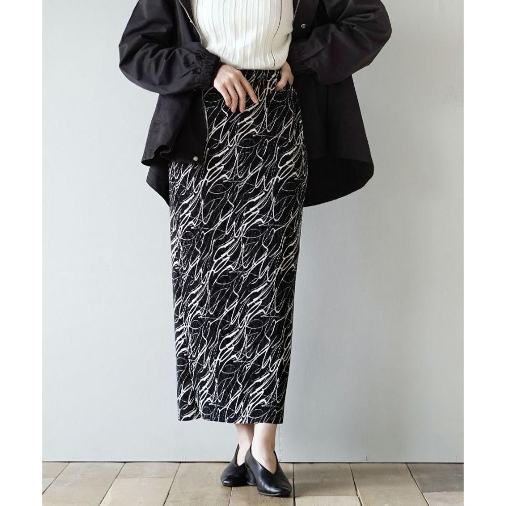 日本 zootie - 迷人手繪線條細百摺鉛筆裙-黑色 (M)