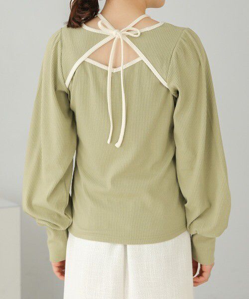 日本 Bab - 2WAY氣質綁帶羅紋泡泡袖上衣-米杏