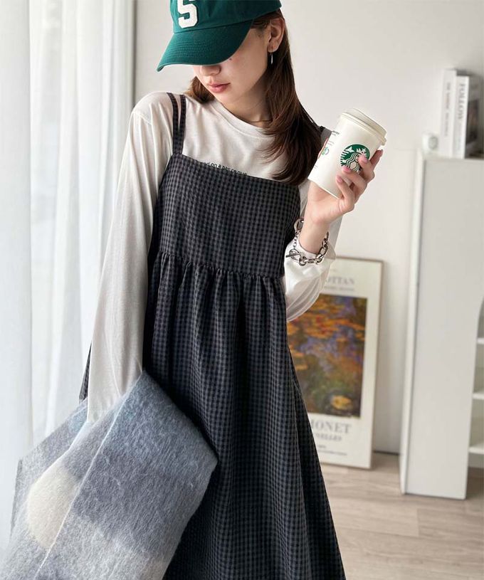 日本 Classical Elf - 成熟可愛感後綁帶吊帶洋裝-紋理-黑