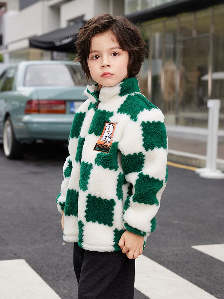 羊羔絨兒童保暖外套-帥氣格紋-綠色