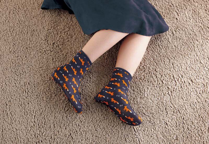 日本丸和 - 雙層機能裏起毛防滑室內襪-小貓緞帶-灰 (21-25cm)-短筒